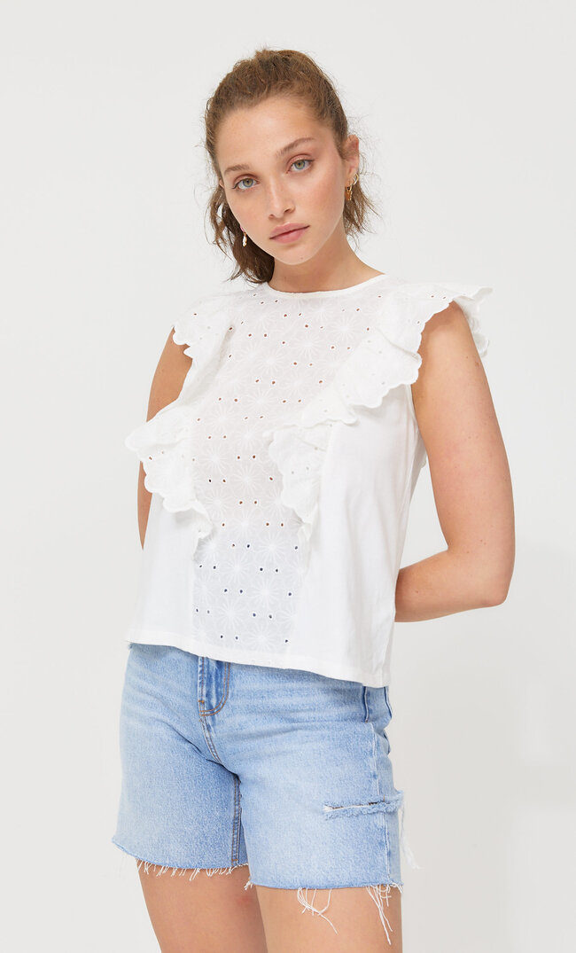 

Stradivarius Top Mit Schweizer Stickerei Und Volant Weiß S
