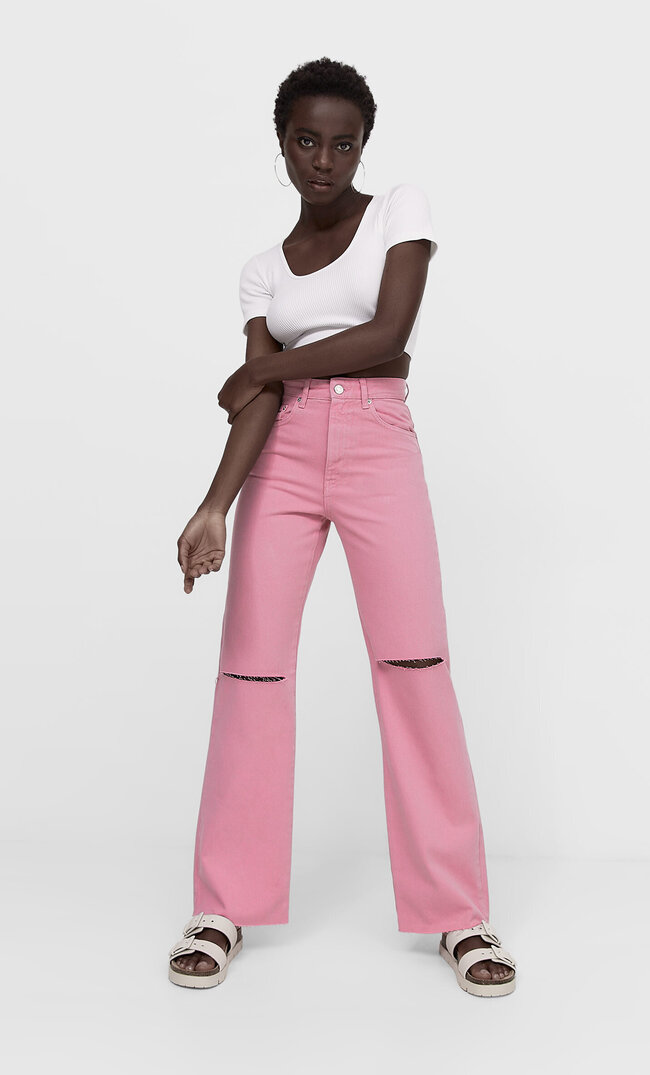 

Stradivarius Jeans Im Straight Fit Mit Rissen Kaugummirosa 34