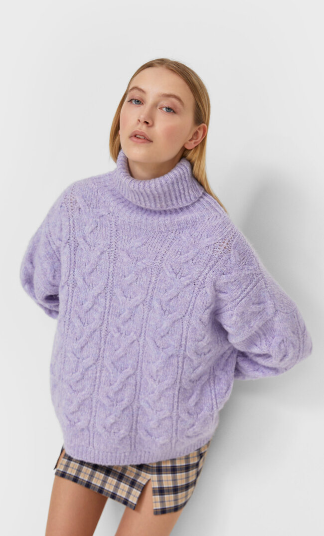 

Stradivarius Filcowany Sweter Z Warkoczowym Splotem Kobieta Liliowy Xs
