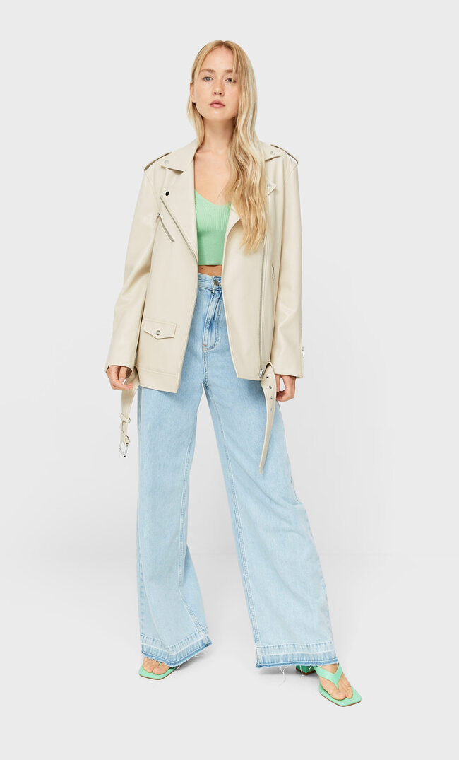 

Stradivarius Kurtka Biker Oversize Z Paskiem Kobieta Ecru S
