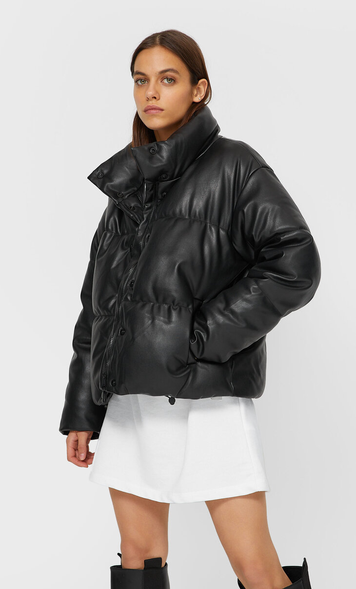 stradivarius high neck padded jacket in black