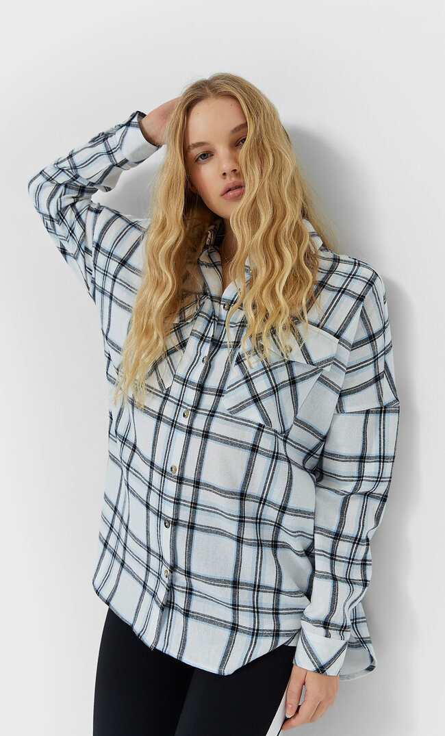 Stradivarius Karierte Hemdjacke Himmelblau S
