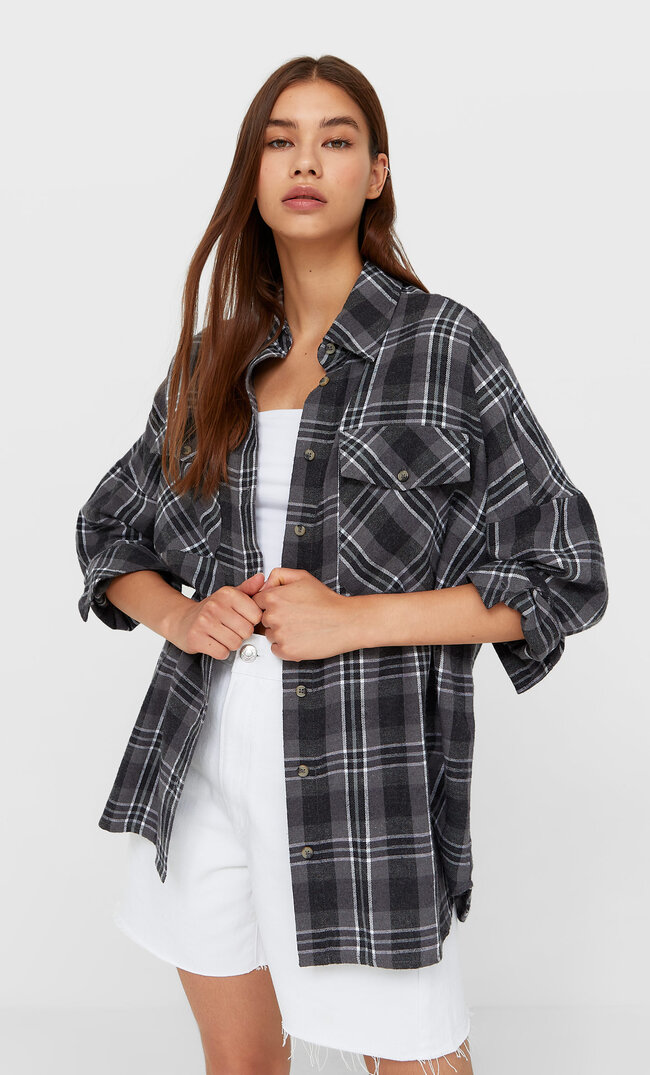 

Stradivarius Karierte Hemdjacke Graumeliert Xs