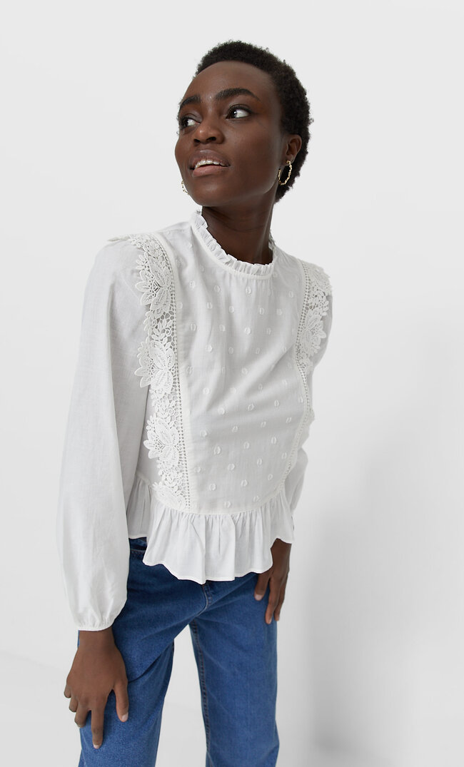 Stradivarius Romantische Bluse Mit Spitze Weiß L
