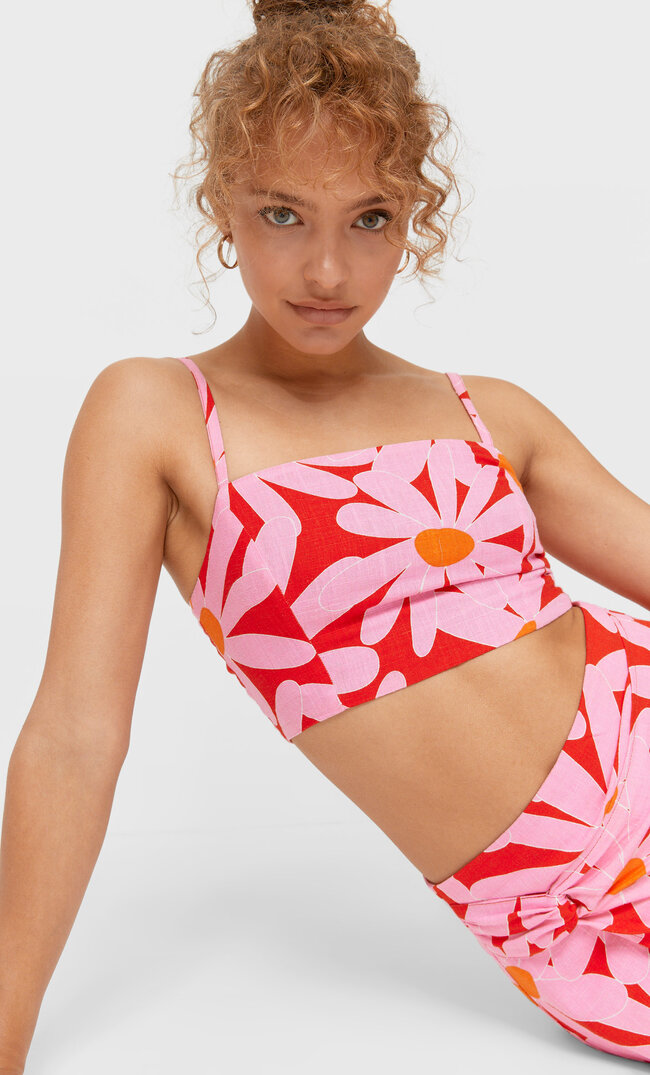 Stradivarius Rustikales Top Mit Blumenprint Fuchsia M