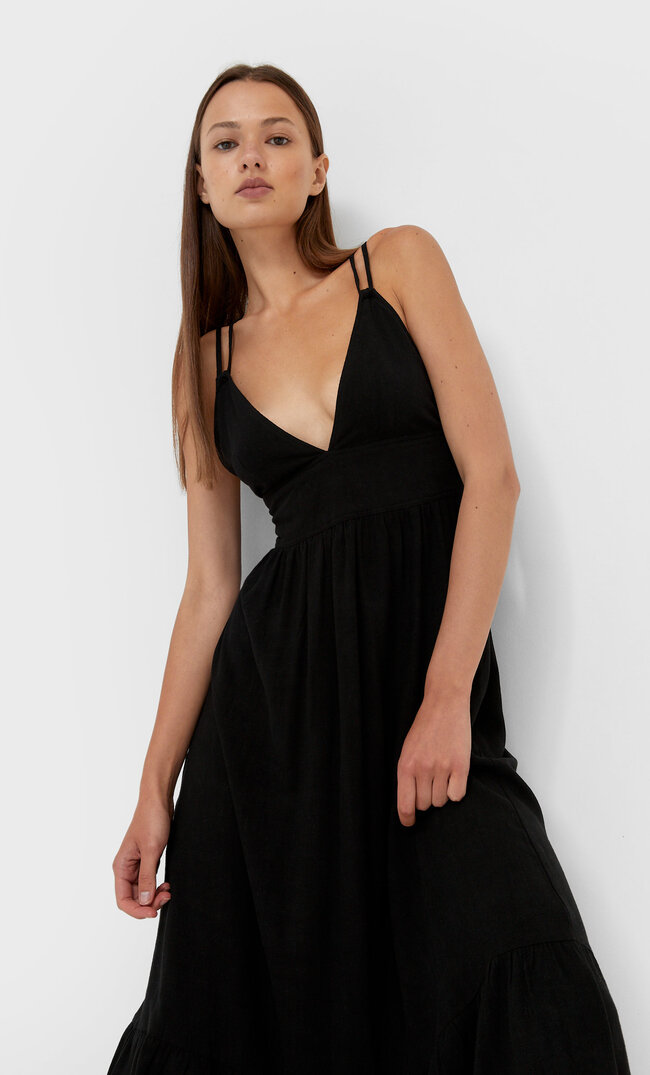 

Stradivarius Langes Leinenkleid Schwarz Xl