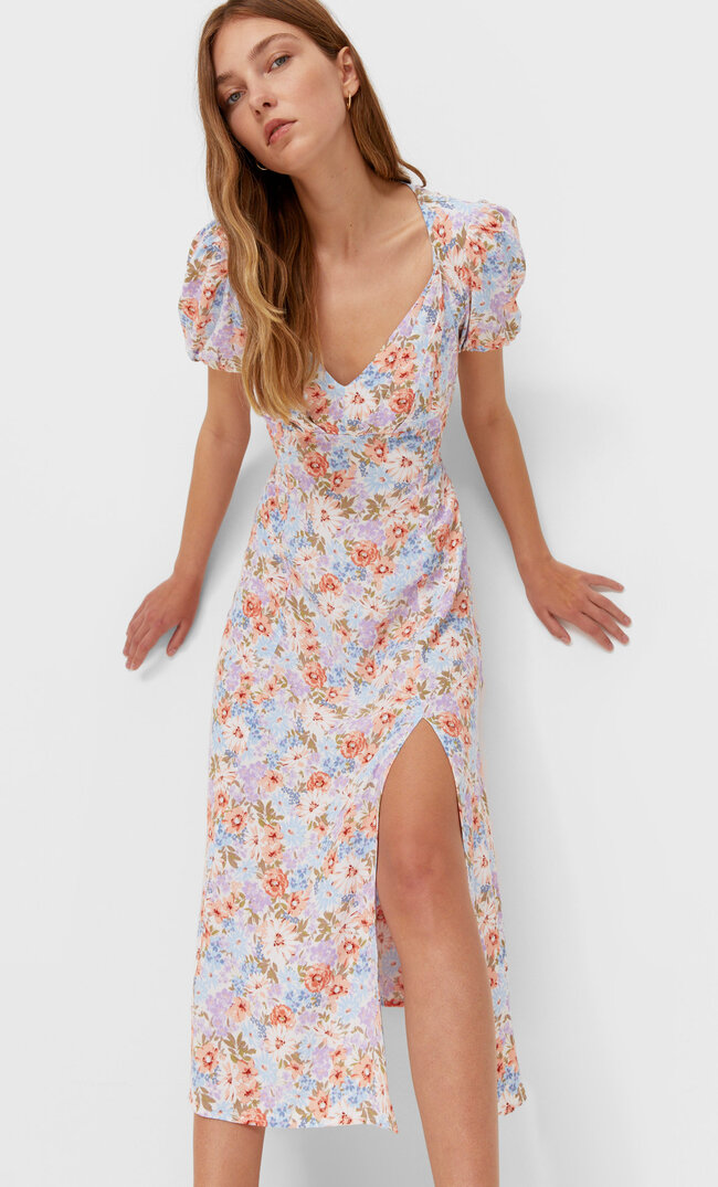 Stradivarius Midikleid Mit Blumenprint Ecru L