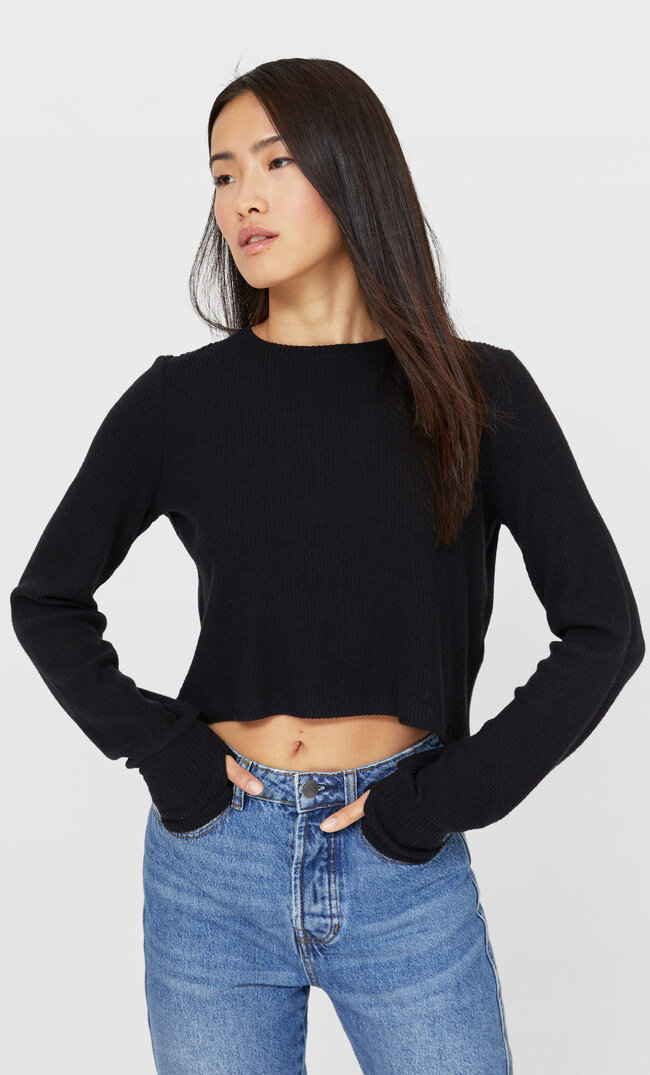 

Stradivarius Krótka Prążkowana Koszulka Kobieta Czarny Xl