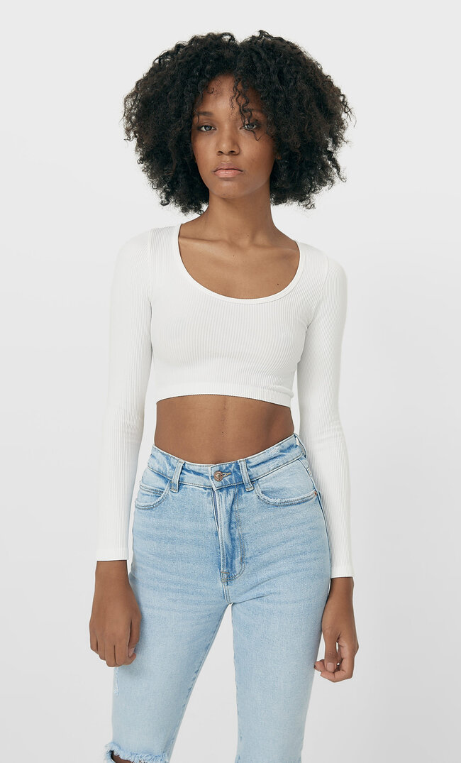 Stradivarius Krótki Bezszwowy Top Kobieta Ecru M