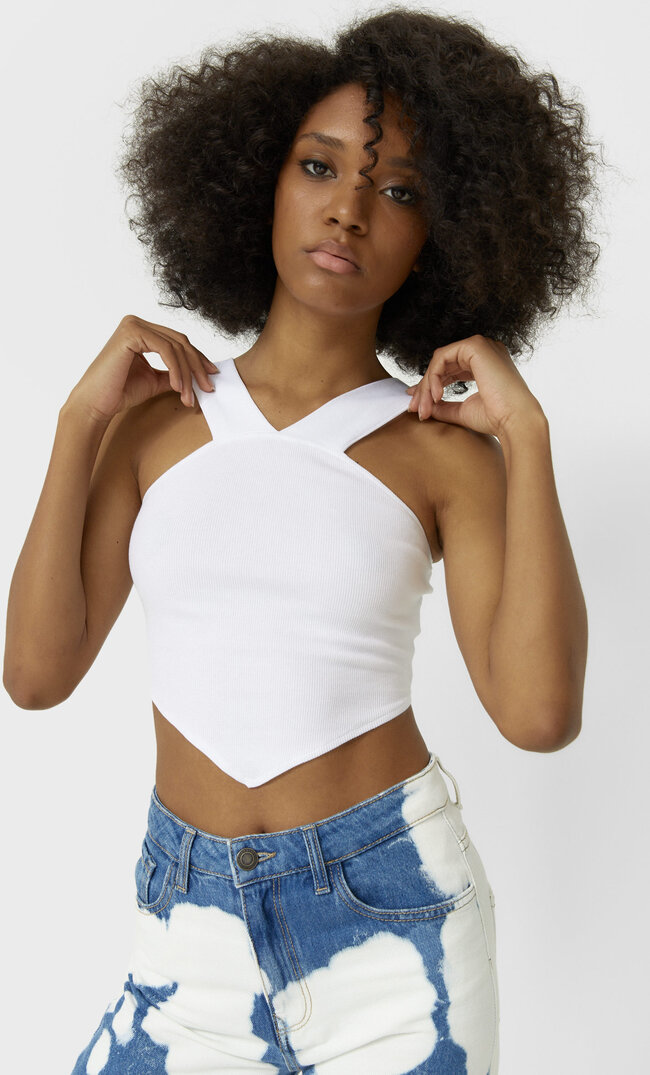 Stradivarius Tuch-Top Mit Neckholder Weiß L