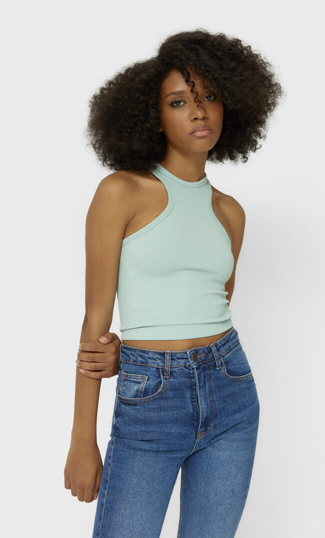 

Stradivarius Nahtloses Neckholder-Shirt Grün Xs