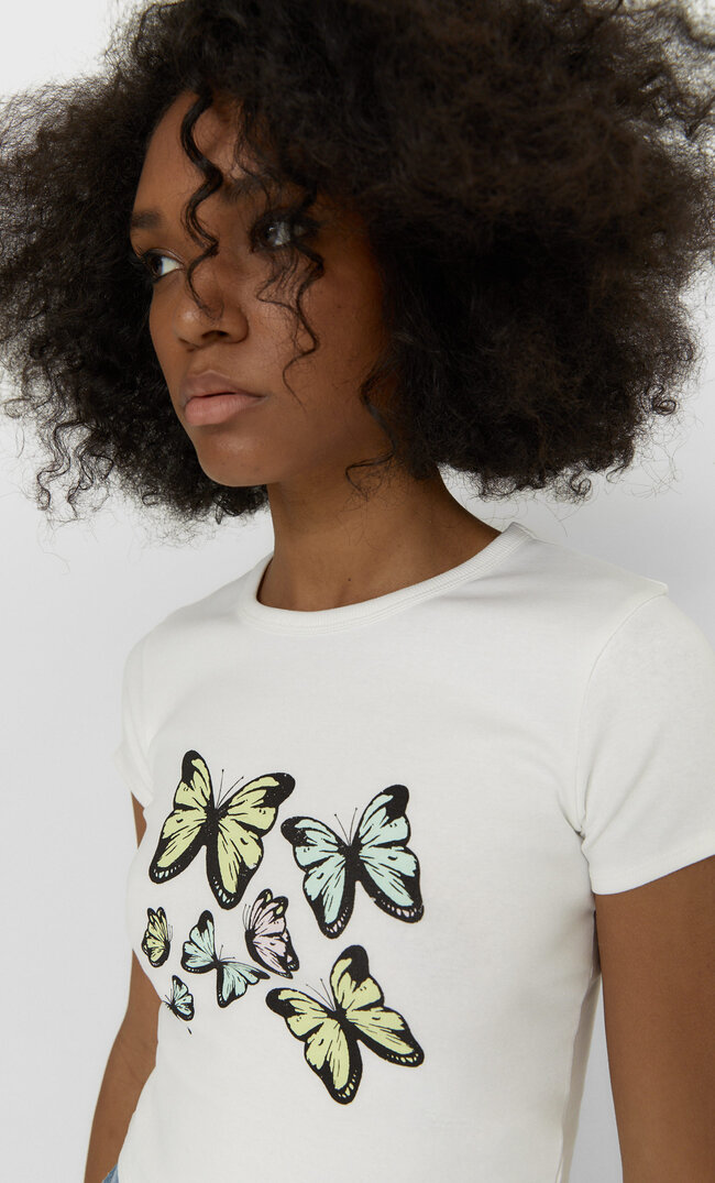 Stradivarius Shirt Mit Print 70‘S Ecru S