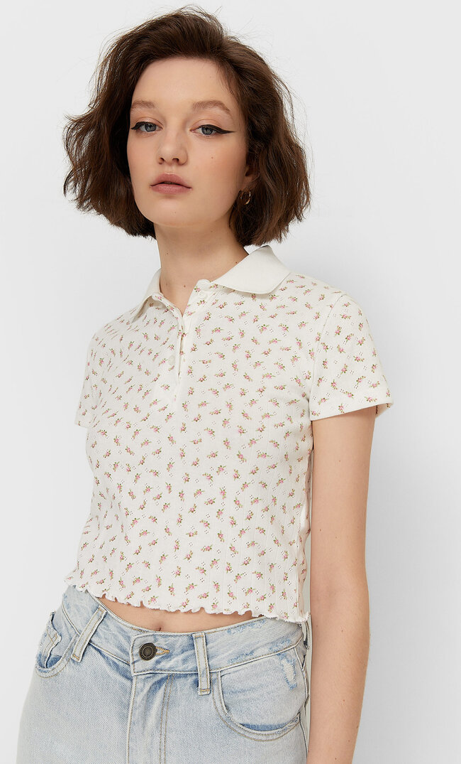 

Stradivarius Poloshirt Mit Patentmuster Und Lochmuster Ecru Xs