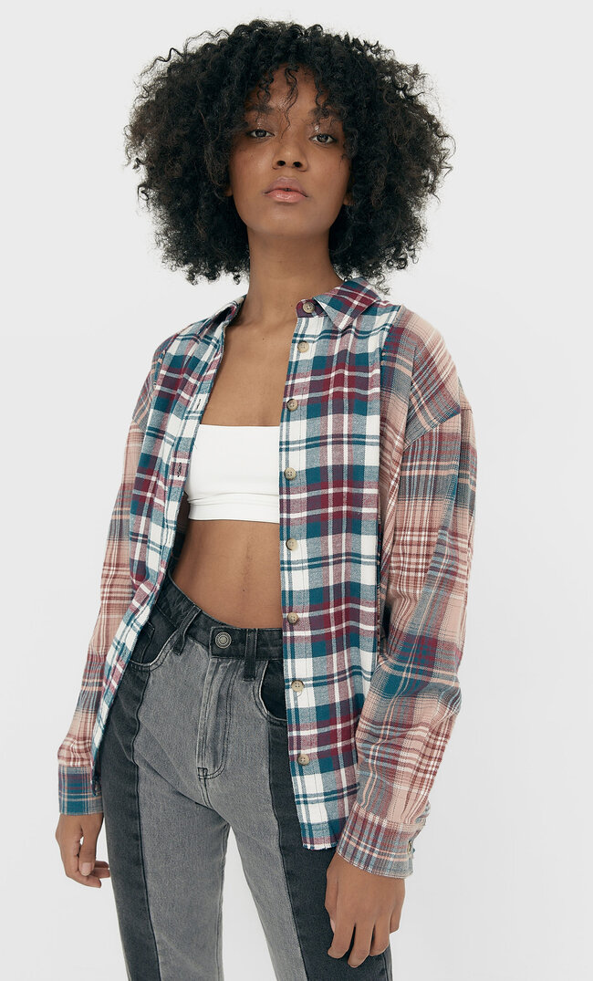 

Stradivarius Patchworkowa Koszula Oversize Kobieta Cielisty Róż L