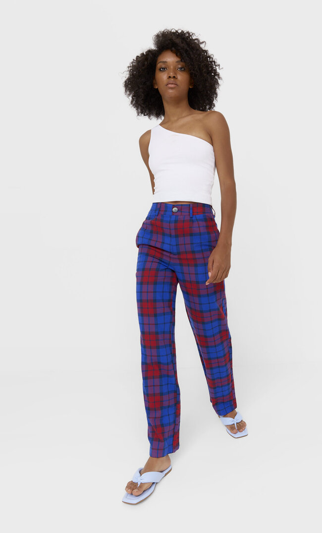 

Stradivarius Straight-Fit-Hose Mit Karomuster Marineblau 36
