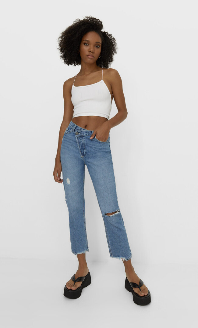 

Stradivarius Jeansy Mom Fit Z Asymetryczną Talią Kobieta Jasnodenimowy 32
