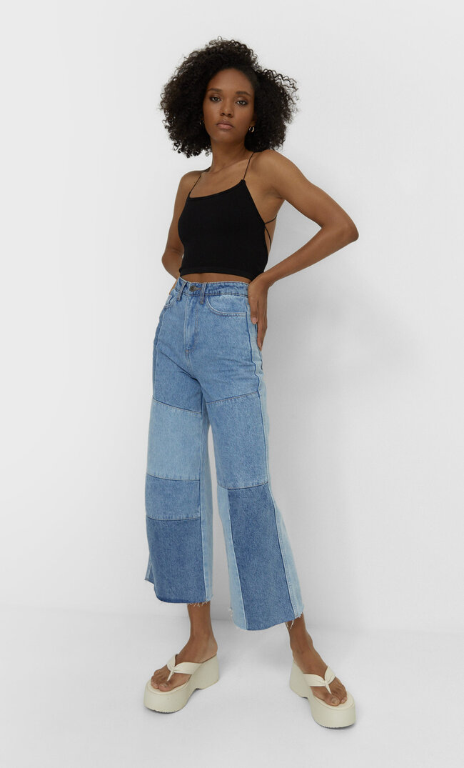 

Stradivarius Culotte-Jeans Mit Patchwork Helles Denim 44