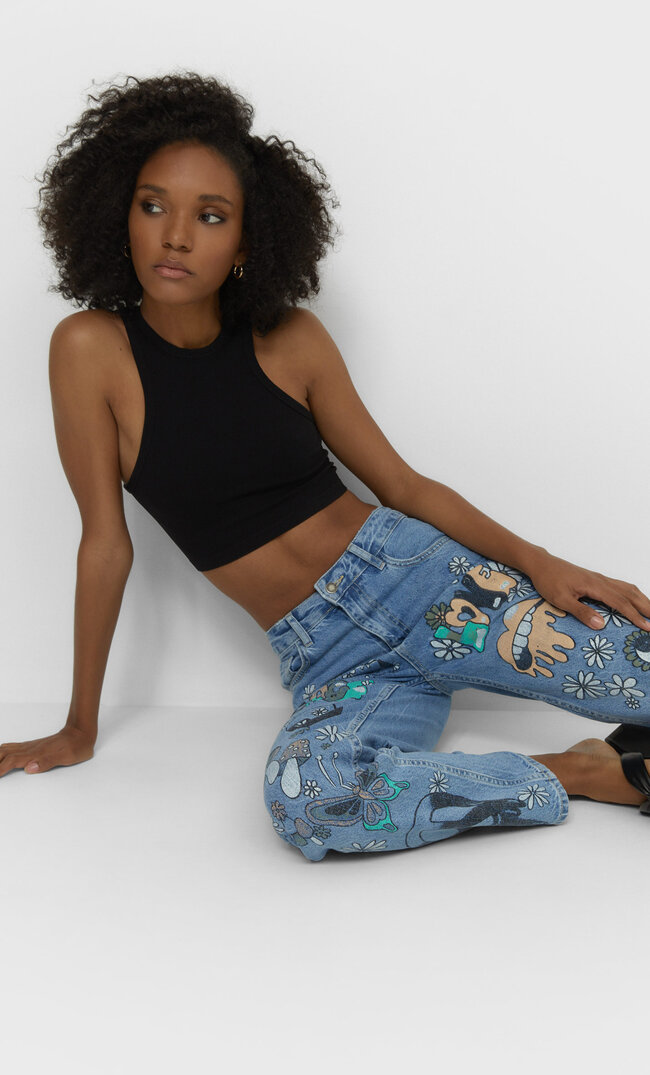 

Stradivarius Gerade Geschnittene Jeans Mit Print Helles Denim 38