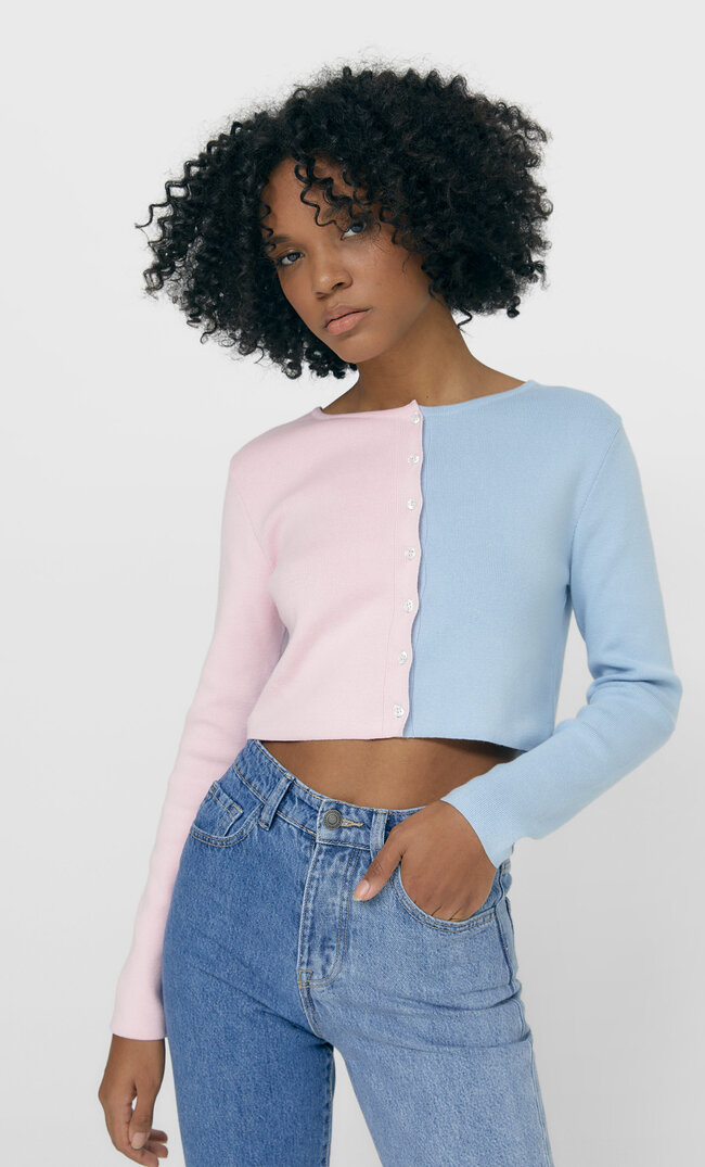 

Stradivarius Cropped-Cardigan Mit Colour-Block Himmelblau M
