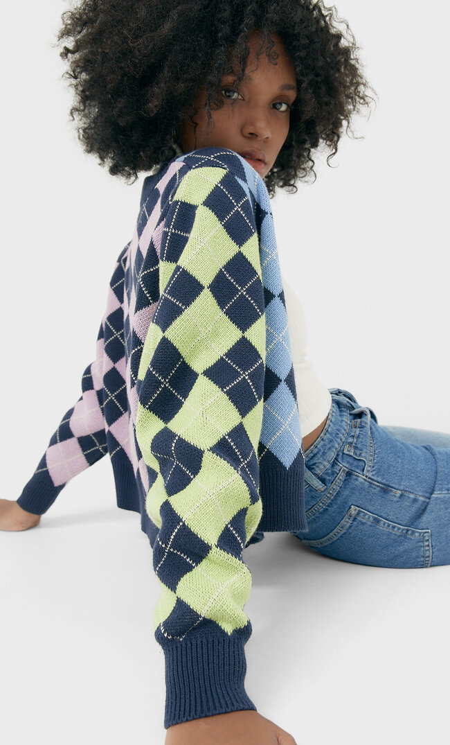 Stradivarius Zapinany Sweter W Romby Kobieta Morski Xs