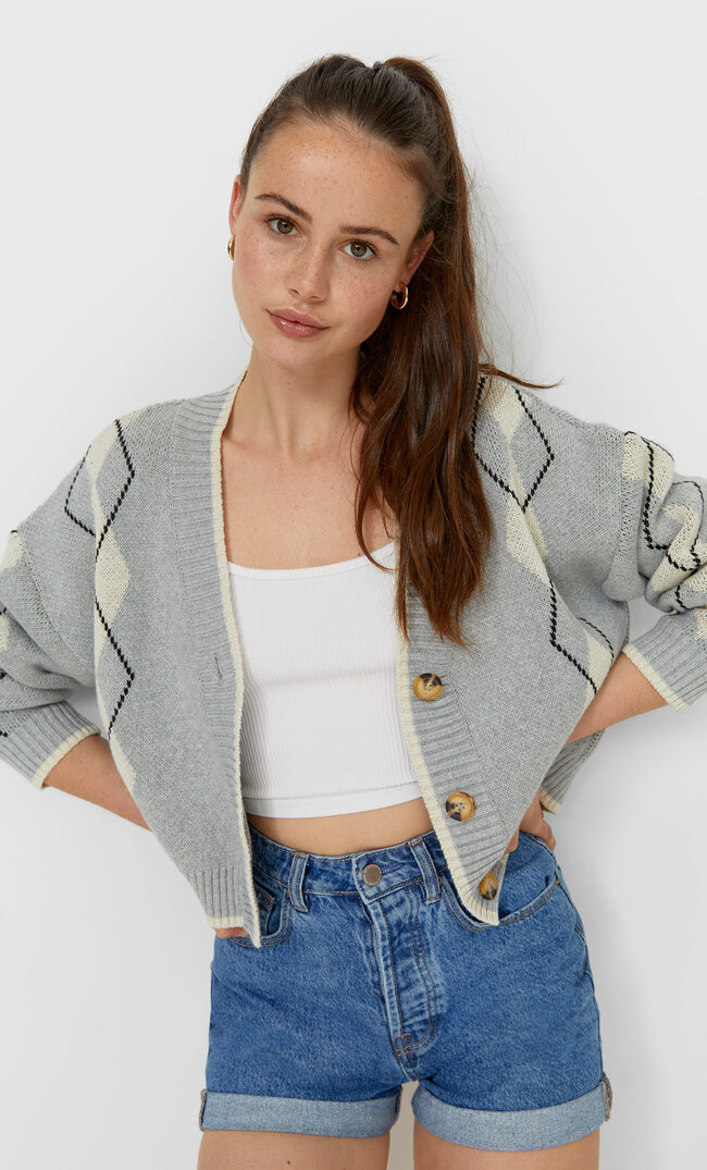 Stradivarius Zapinany Sweter W Romby Kobieta Popielaty M
