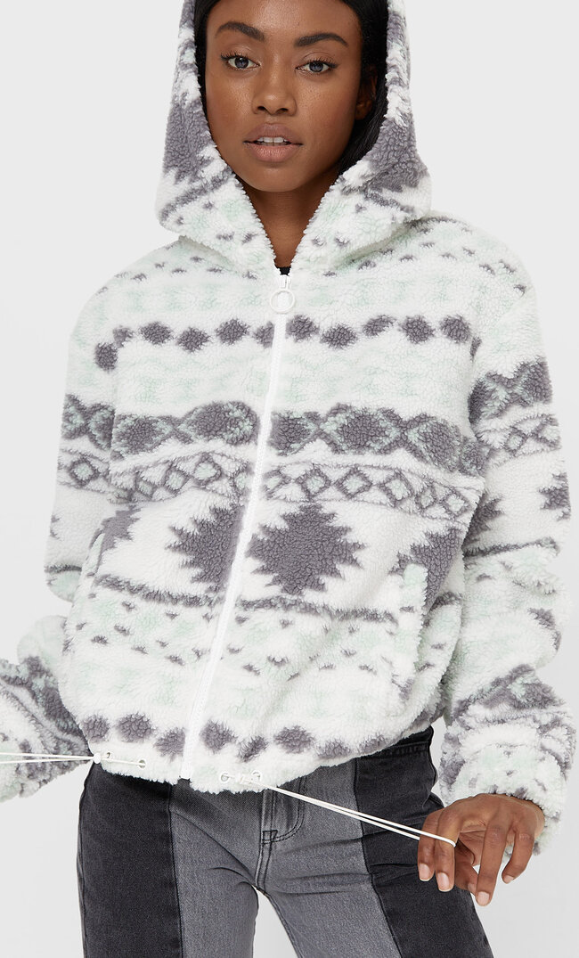 

Stradivarius Jacke Aus Lammfellimitat Mit Geometrischem Print Ecru L
