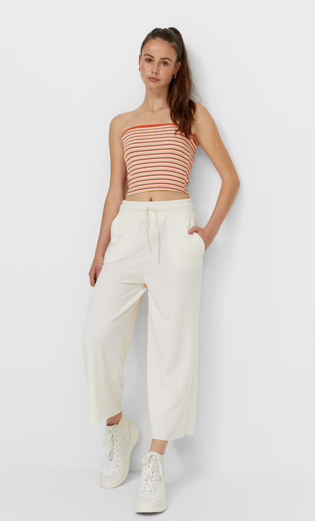 Stradivarius Spodnie Culotte Z Dzianiny Dresowej Kobieta Waniliowy M
