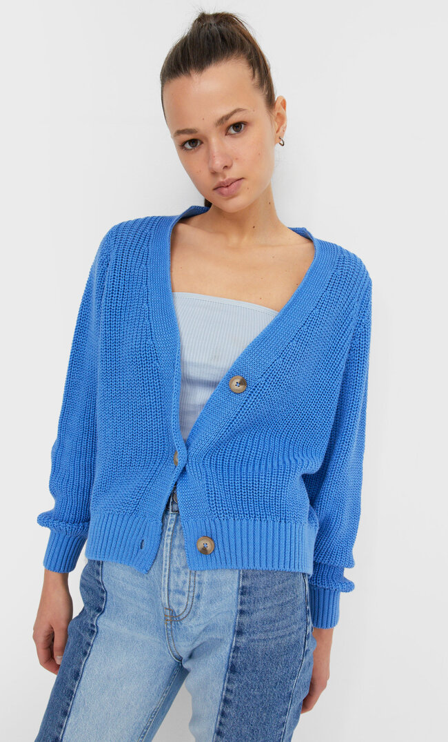 Stradivarius Kardigan Basic Z Guzikami Kobieta Niebieski Xs