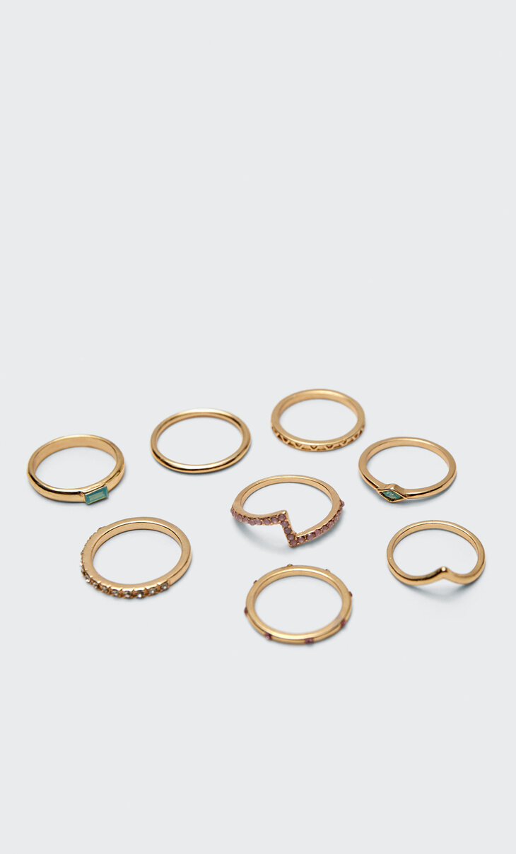 Set of 8 thin rings with coloured crystal rhinestones