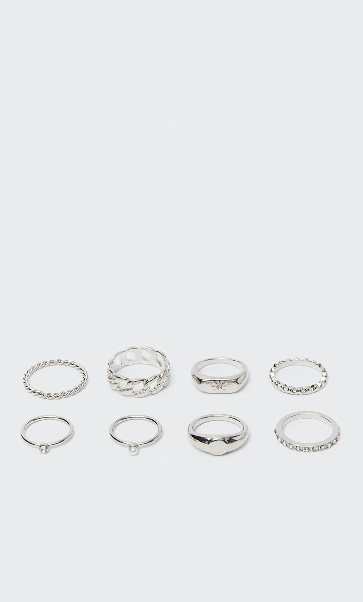 Set of 8 pearl bead and crystal sun rings