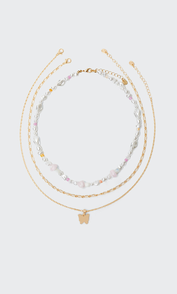 Súprava 3 náhrdelníkov so sklenenými hríbom, perlou a motýľom