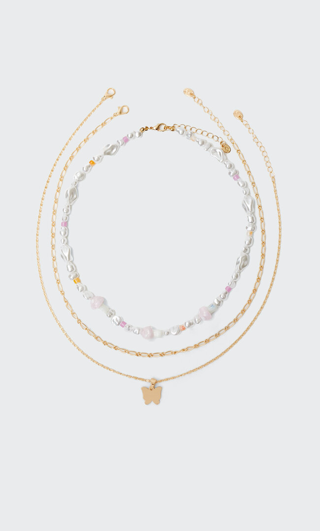 

Stradivarius Lot 3 Colliers Champignons En Verre Non Recyclable, Perles Et Papillon Jaune M