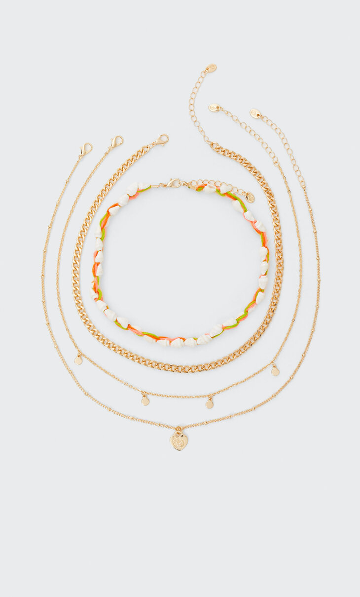 Set of 4 neon seashell choker necklaces