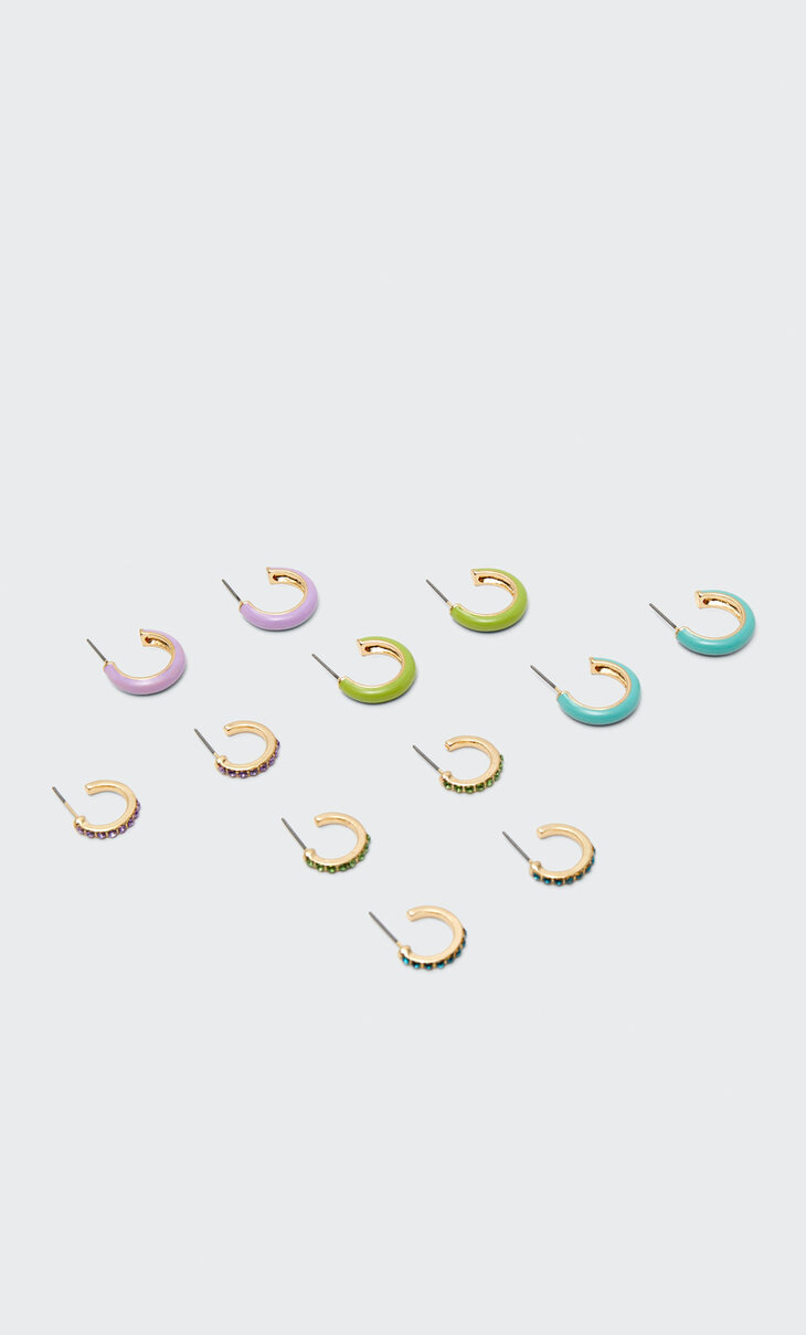 Set of 6 coloured diamanté hoop earrings