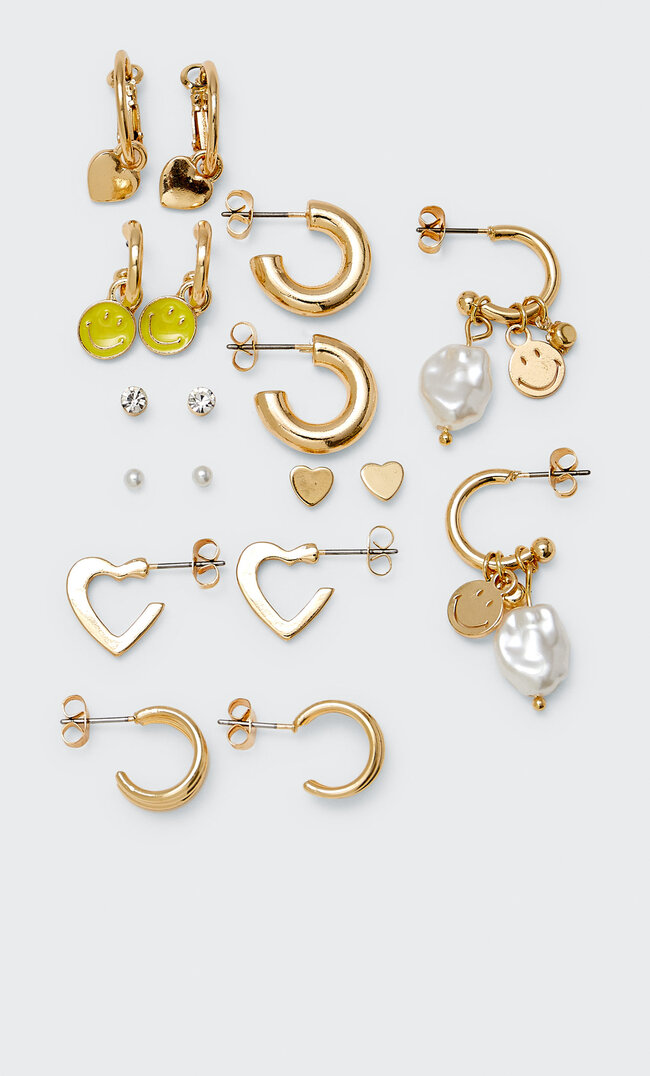 Stradivarius Lot 9 Paires De Boucles D’oreilles Smiley Jaune M