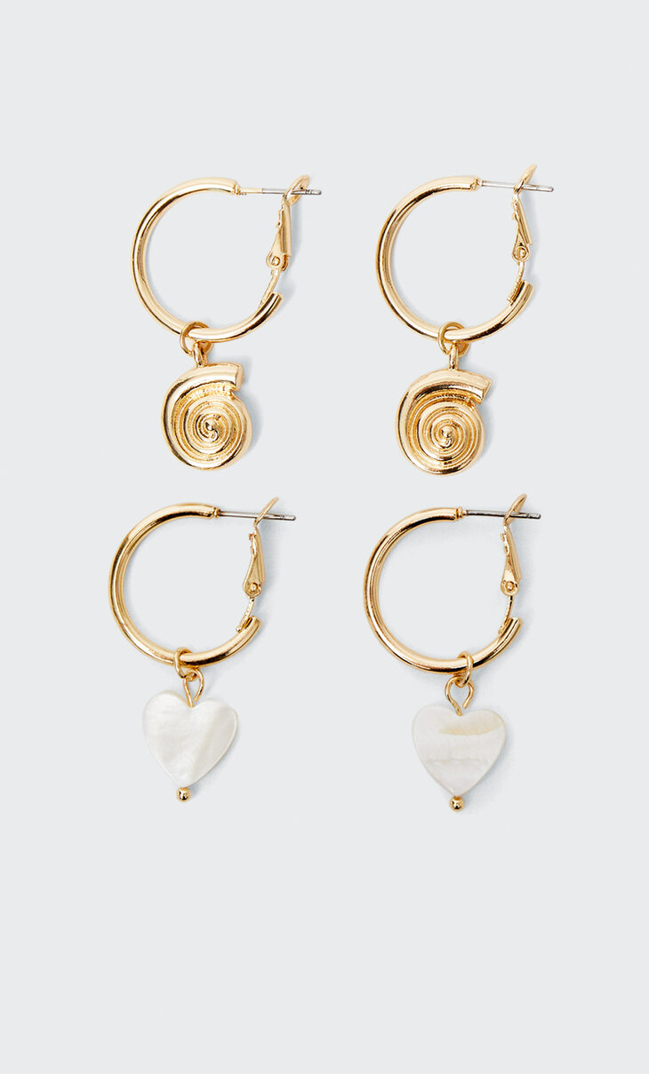 Set of 2 pairs of heart and seashell earrings
