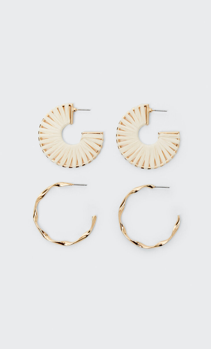 Set of 2 pairs of raffia and metal hoop earrings