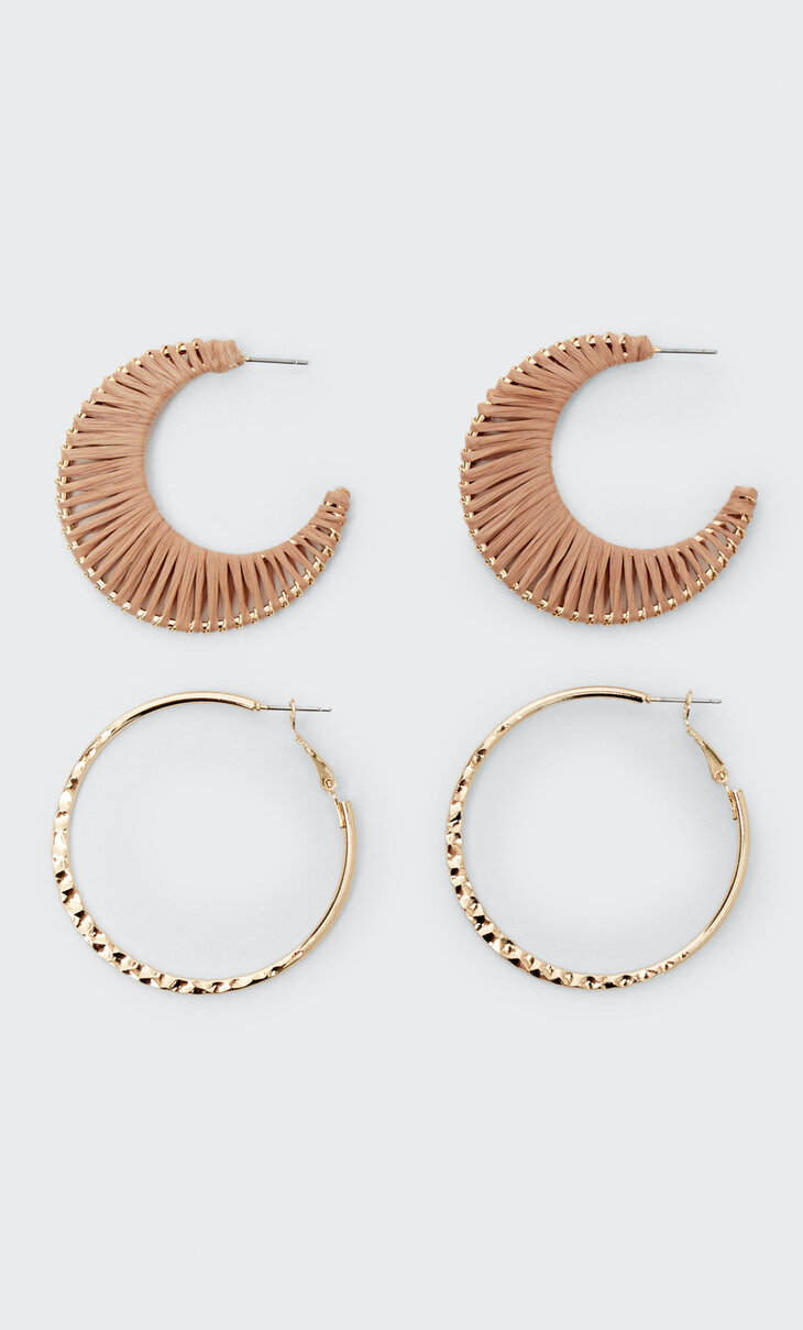 Set of 2 pairs of rustic raffia hoop earrings