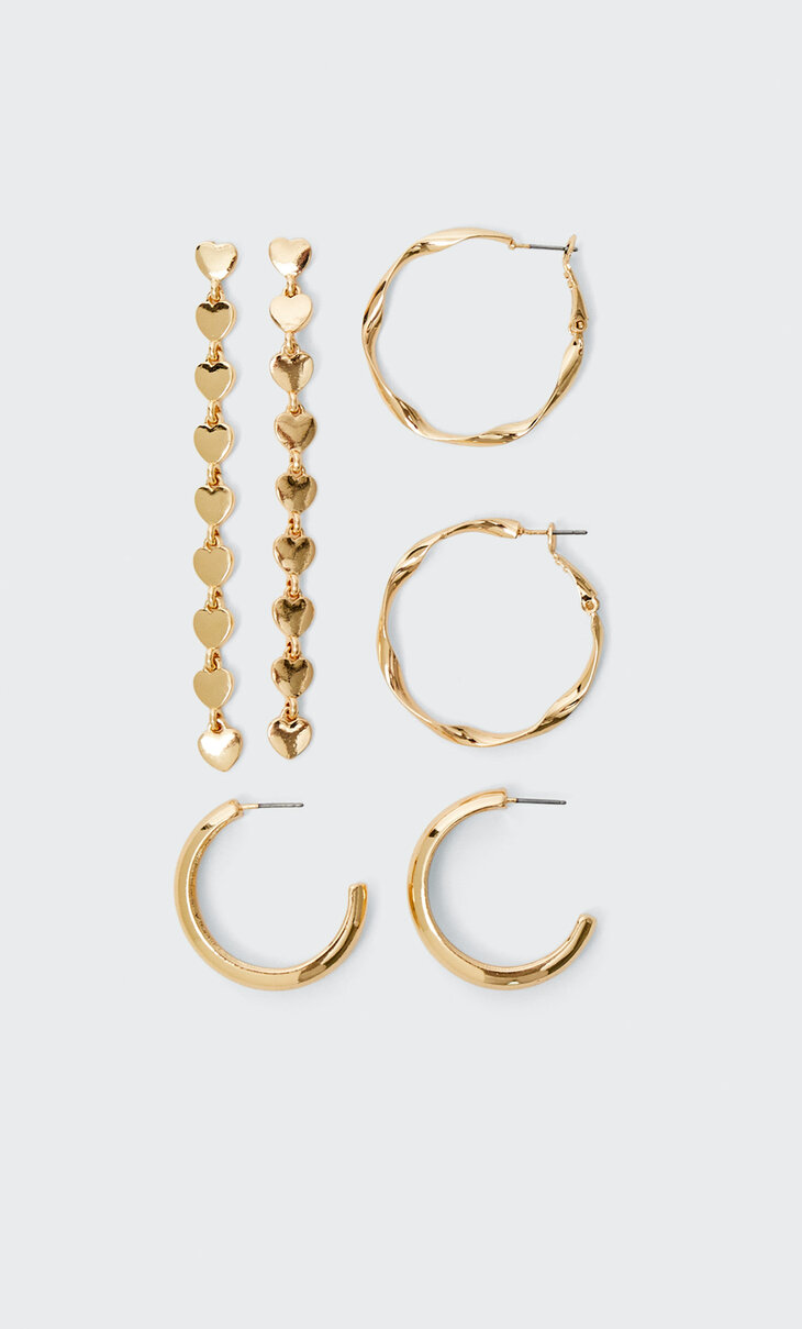 Set of 3 pairs of long heart earrings