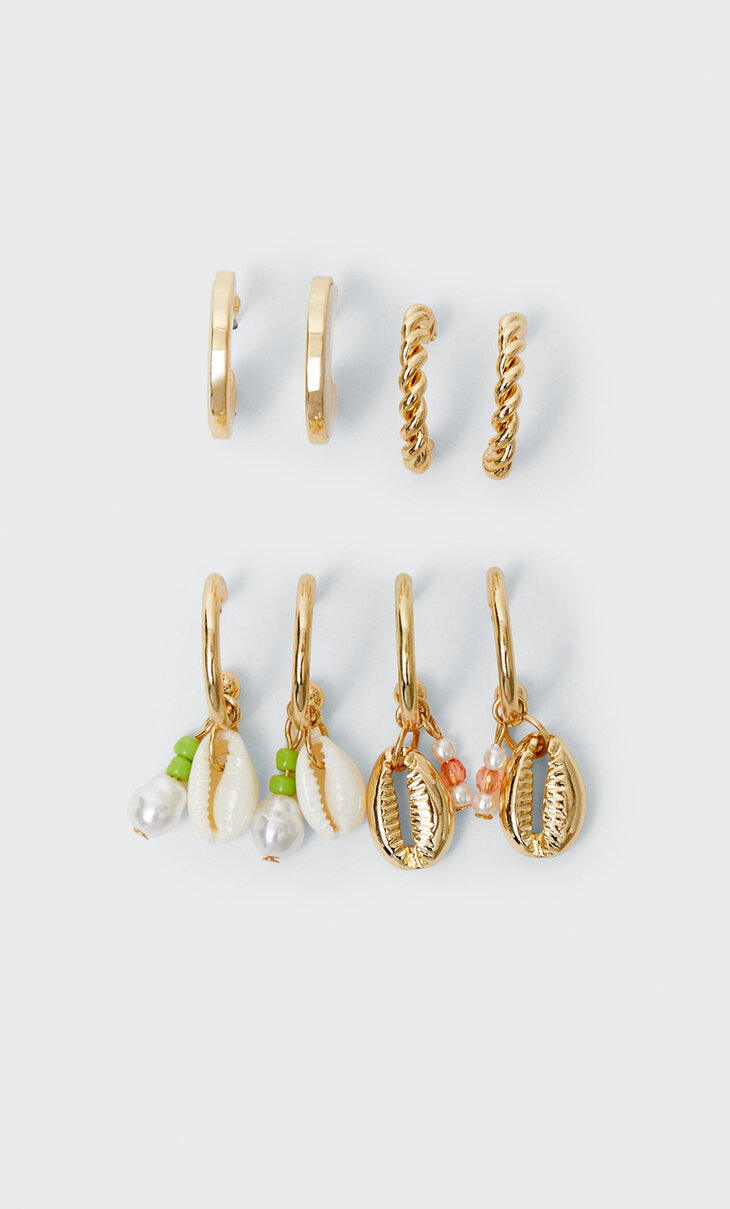 Set of 4 pairs of hoop and seashell earrings