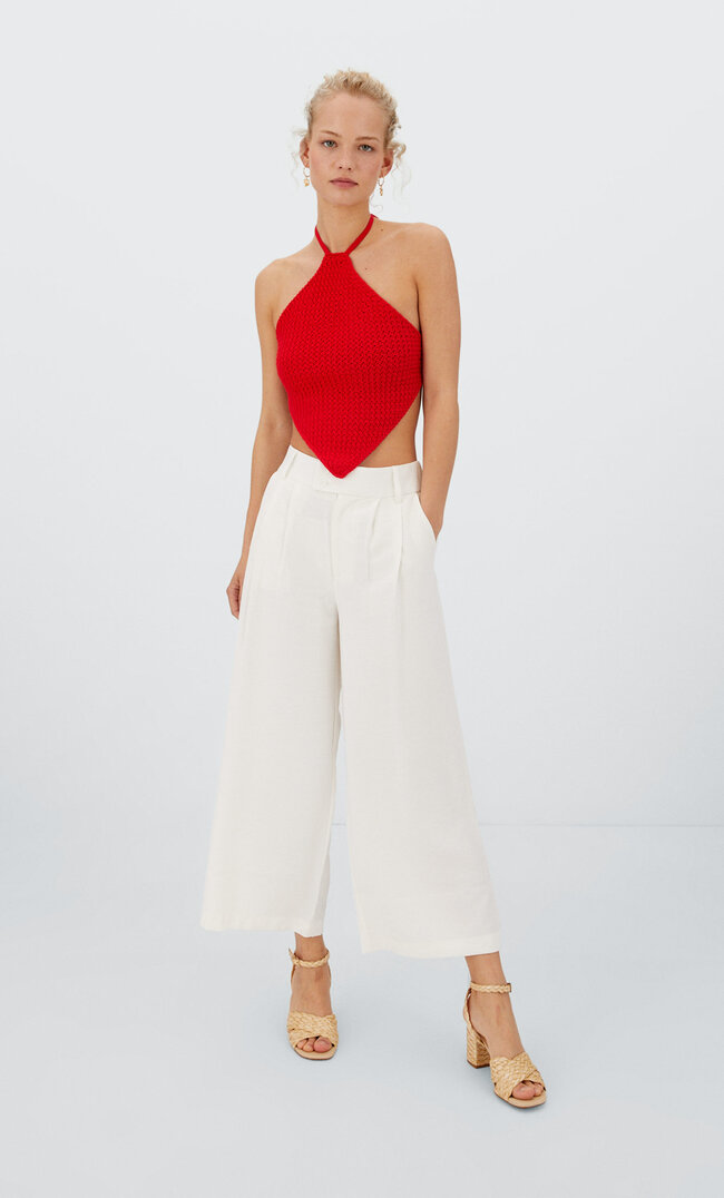 

Stradivarius Rustykalne Spodnie Culotte Ecru 34