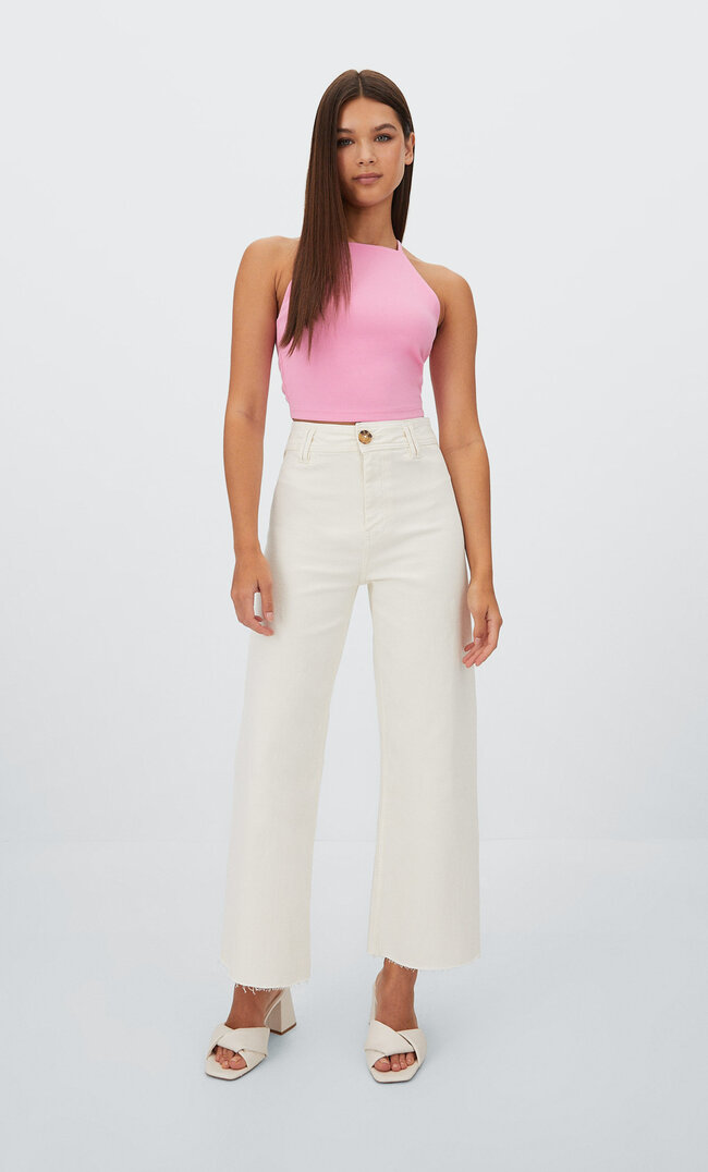 

Stradivarius Bezszwowe Spodnie Culotte Z Diagonalu Ecru 38
