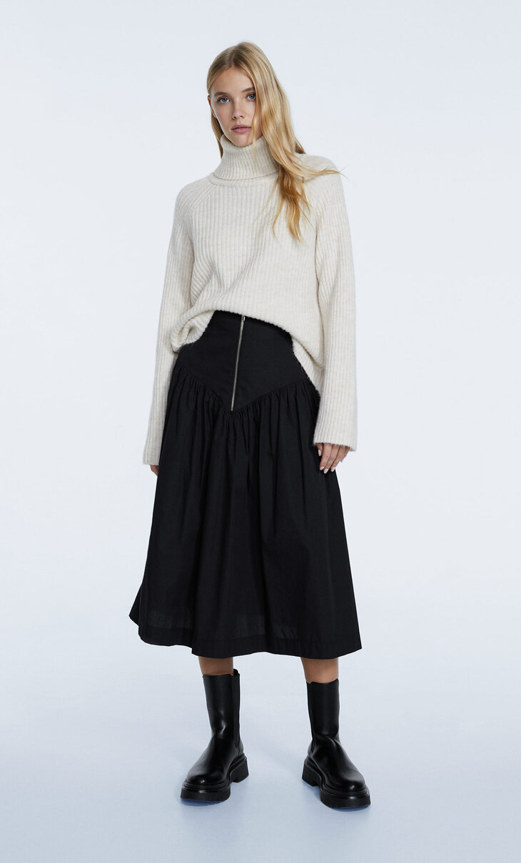 Poplin midi skirt with zip