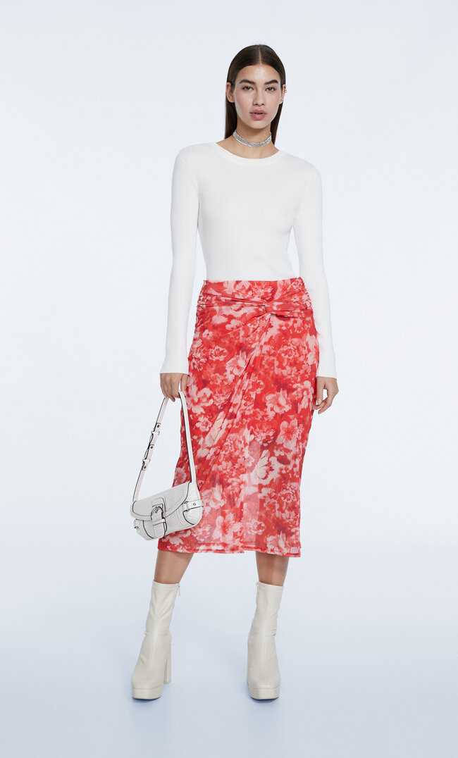 Stradivarius Jupe Midi Tulle Fleurs Aquarelle Rouge S