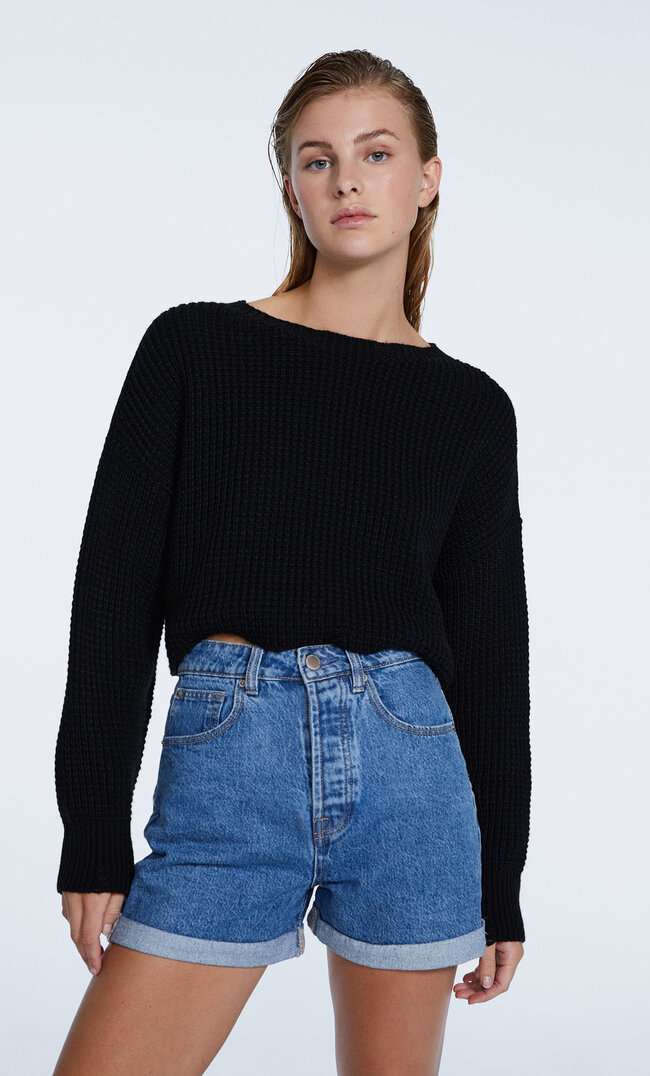 

Stradivarius Spodenki Mom Fit Denimowy Średni Dark Blue 34