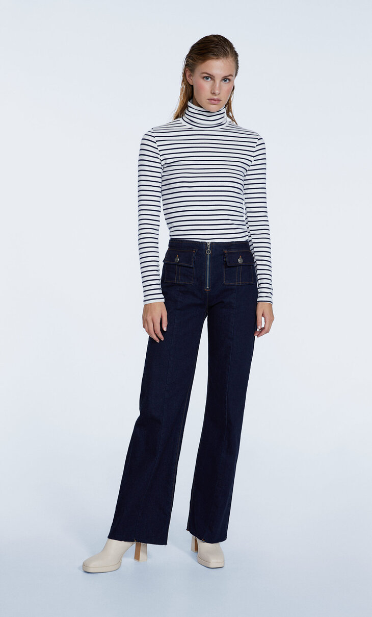 Jeans minimalista full length com fecho de correr