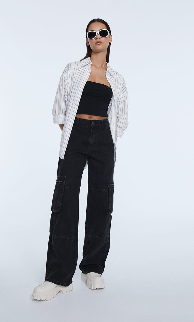 

Stradivarius Pantalon Cargo Denim Denim Noir Délavé 34