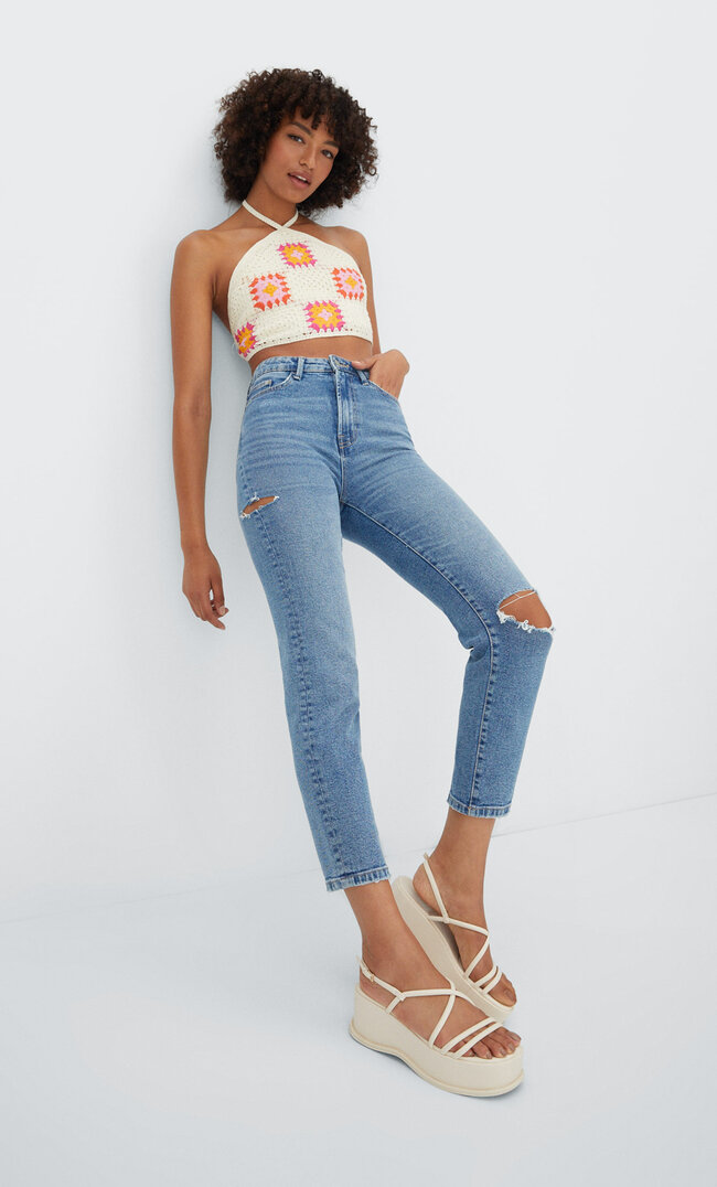 

Stradivarius Jean Mom Slim Denim Bleu Clair Moyen 34
