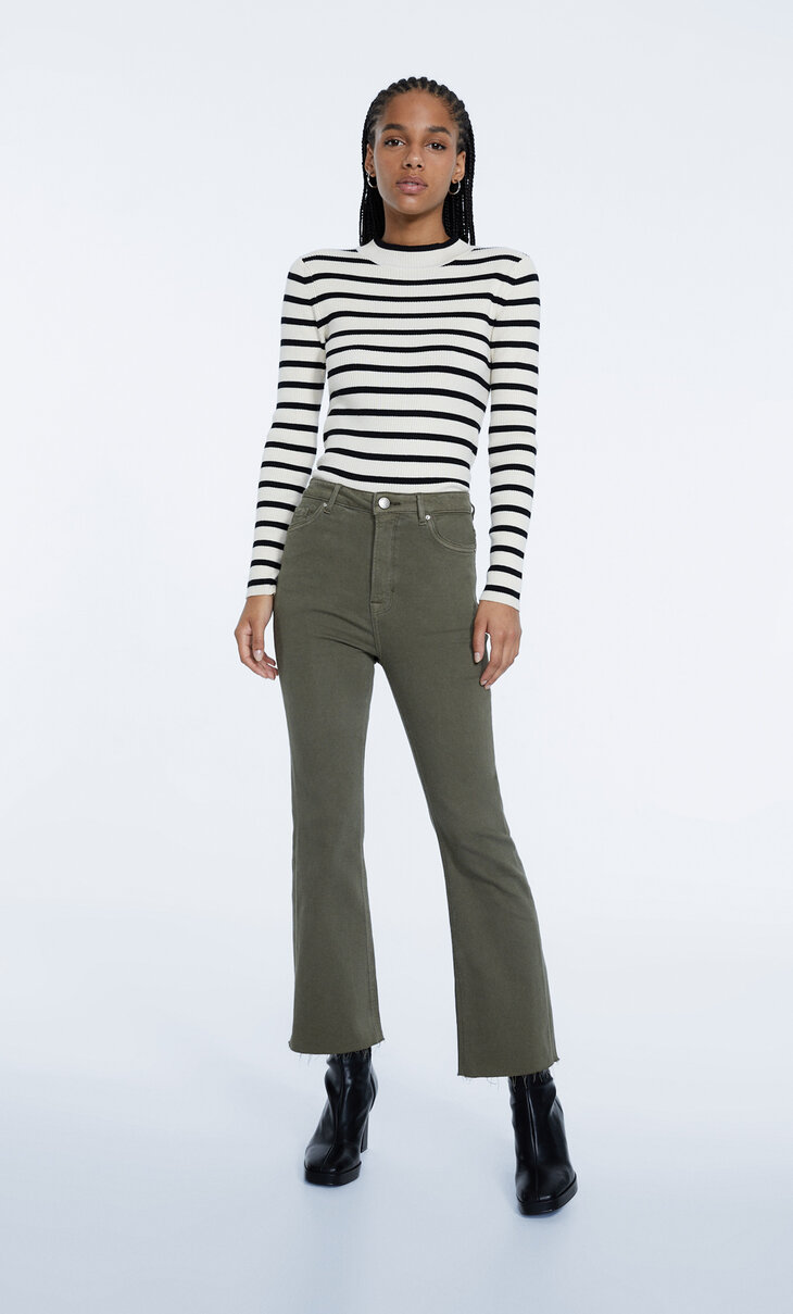 Twill cropped flare trousers