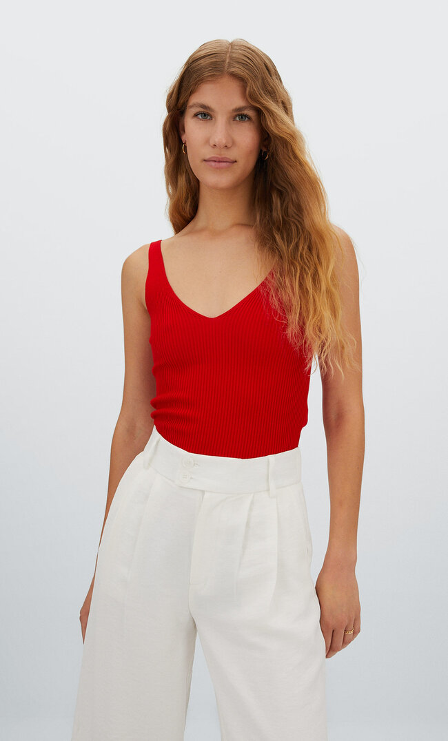 Stradivarius Stricktop Mit V-Ausschnitt Signalrot Xl